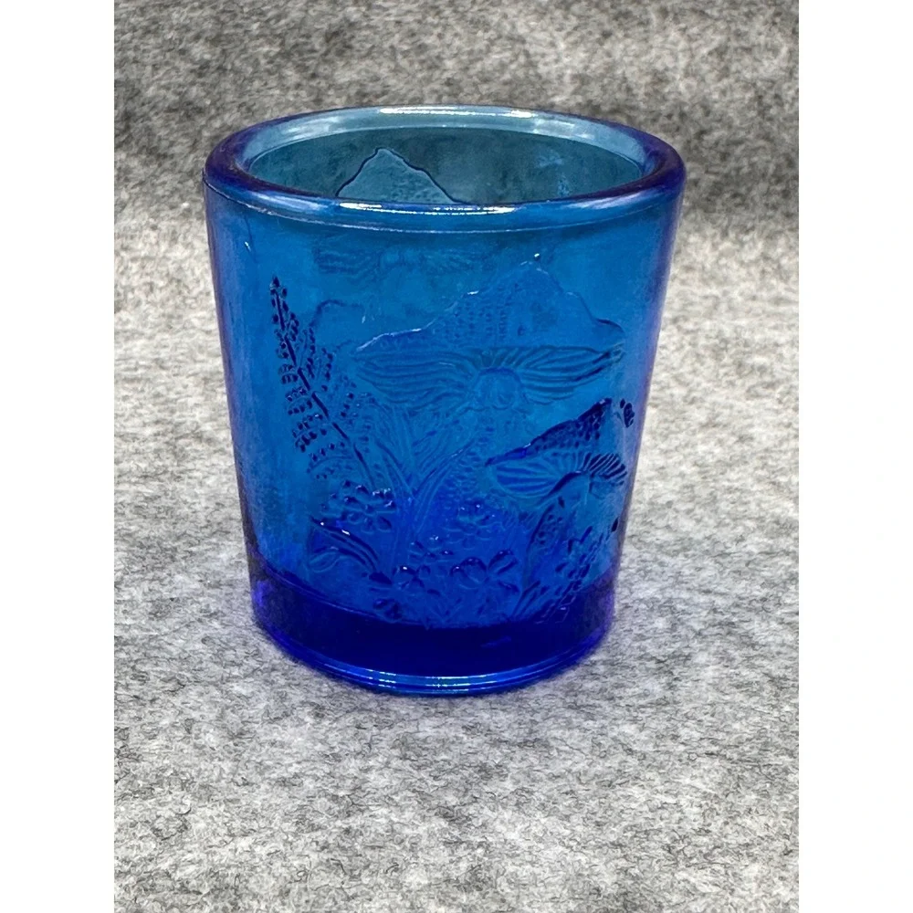 Vintage Cobalt Blue Glass Mushroom Fern Embossed Votive Holder/tooth pick holder
